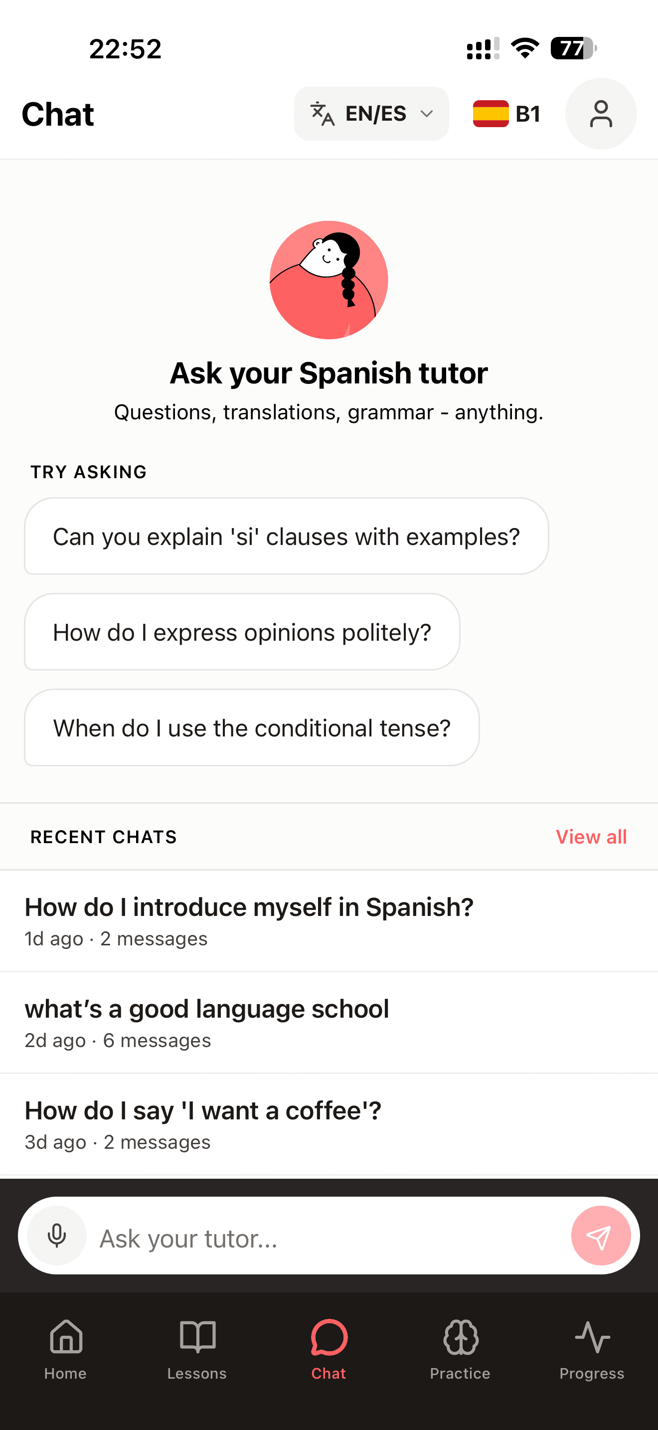 Ask your Spanish tutor chat screen